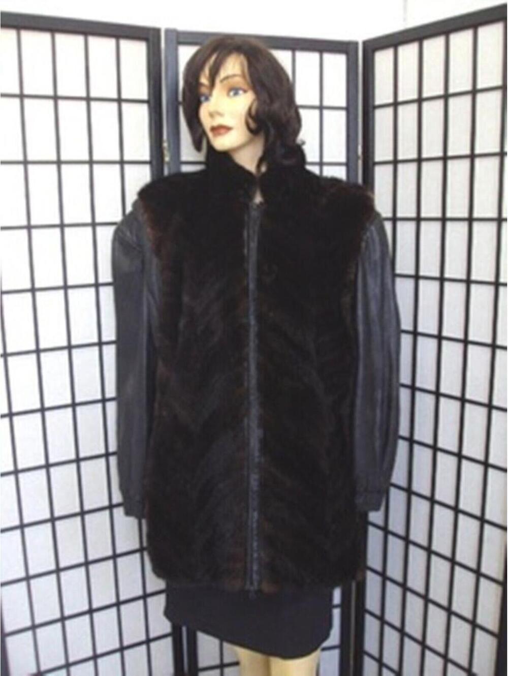 *MINT DARK RANCH MINK FUR TAIL W/ LEATHER SLEEVES JACKET COAT SIZE 6-8 S-M